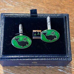 Vintage Brooks Brothers  Sterling Silver Green Enamel Whale Cufflinks